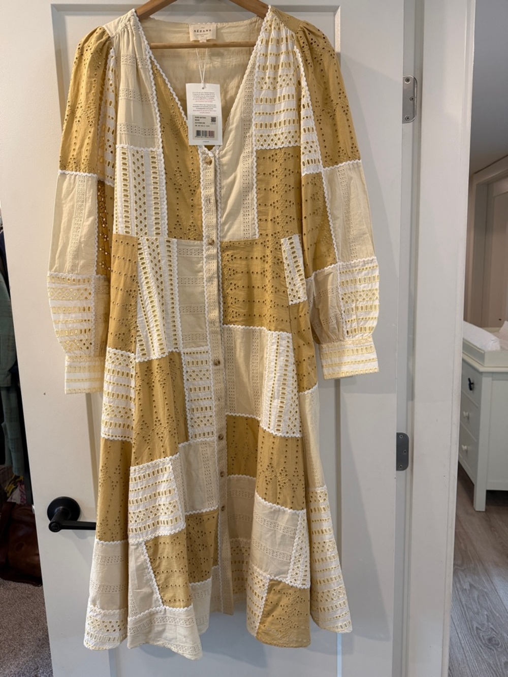 Sezane Patchwork Eyelet Midi Dress in Mustard and Cream